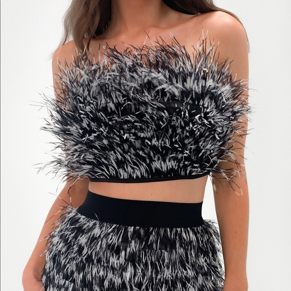 Glamorous Black and White Feather Bandeau Crop Top || FREE SHIPPING!!!